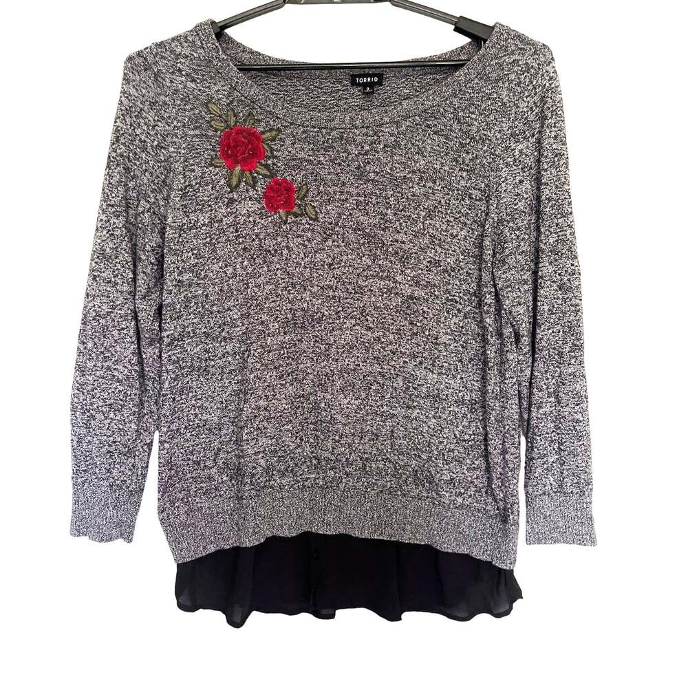 Torrid Marled Womens Sweater 2X Romantic Goth Grunge Chiffon Underlay Embroider - Picture 2 of 10